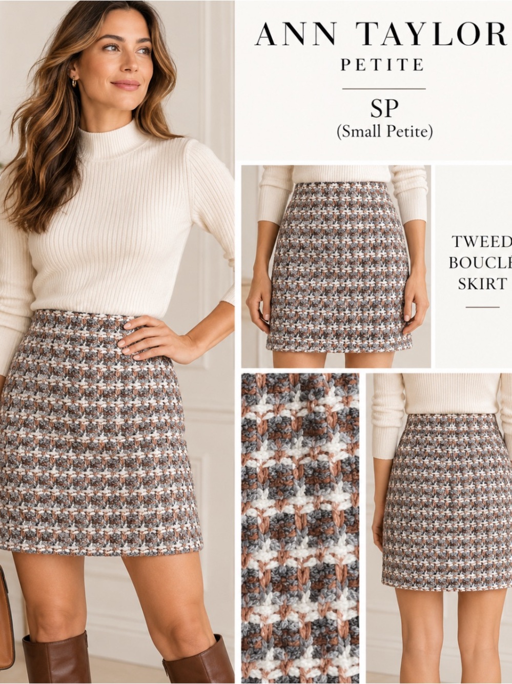 Ann Taylor Petite Tweed Boucle Textured Knit Pencil Skirt in Gray, Brown, Ivory